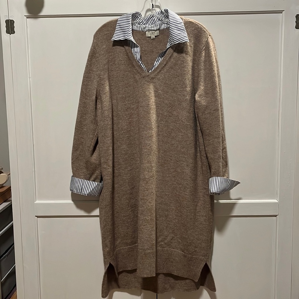 Tan Sweater Dress w/Blue & White Striped Collar & Cuffs